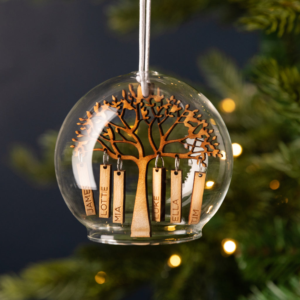 Personalised Wooden Family Tree Glass Dome Bauble