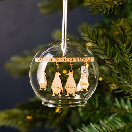 Personalised Wooden Penguin Family Glass Dome Bauble