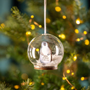 Personalised Illustrated Penguin First Christmas Snow Bauble