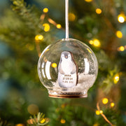 Personalised Illustrated Penguin First Christmas Snow Bauble