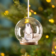 Personalised Illustrated Penguin First Christmas Snow Bauble