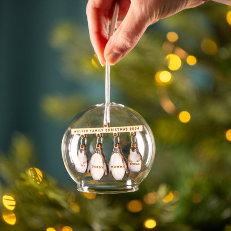 Personalised Illustrated Penguin Family Dome Bauble