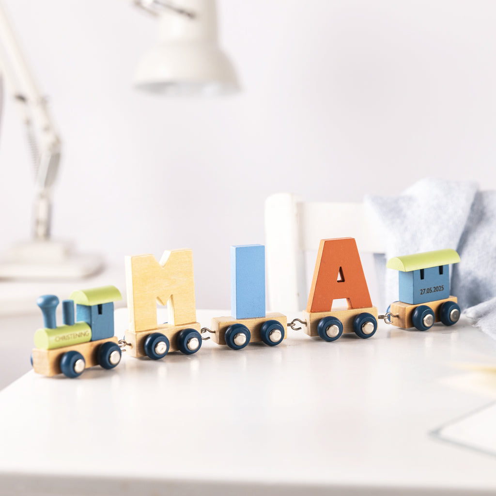 Engraved Christening Polar Wooden Name Train Set