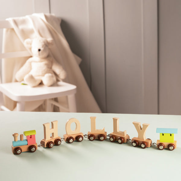 Wooden name train deals for baby
