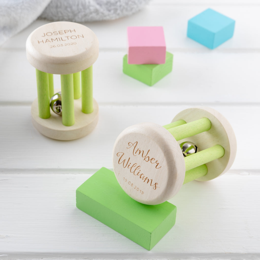 Personalised Wooden Baby Rattle Bell Toy