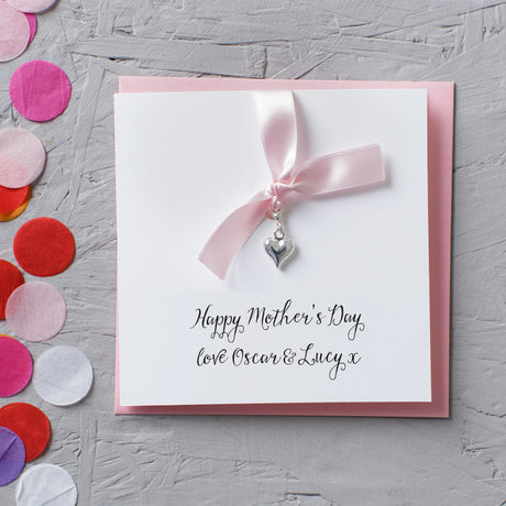 Personalised Silver Heart Charm Mother's Day Card