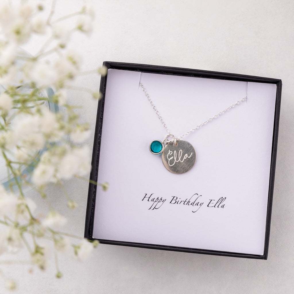 Silver Birthstone And Handwriting Disc Necklace