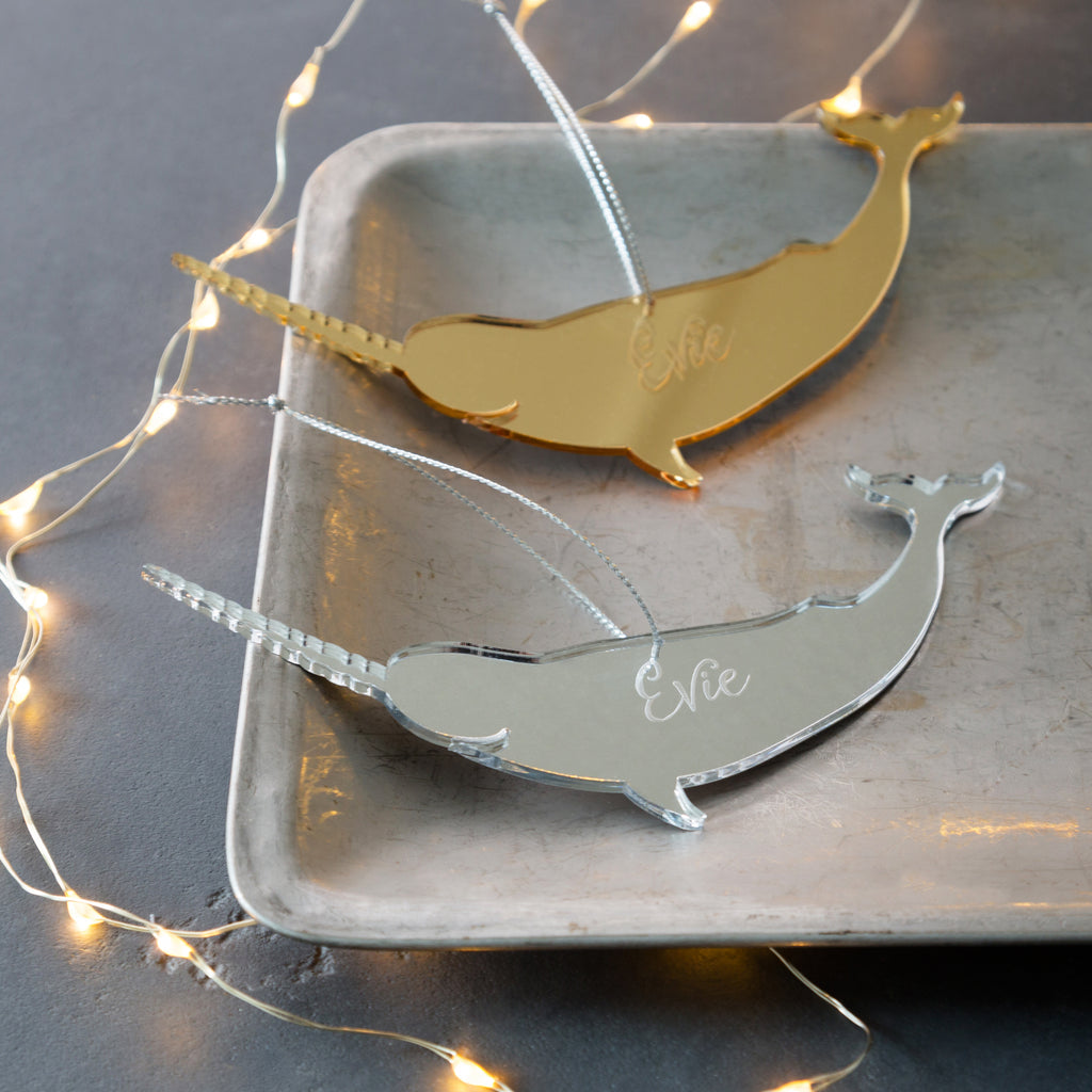 Personalised Mirrored Narwhal Christmas Decoration