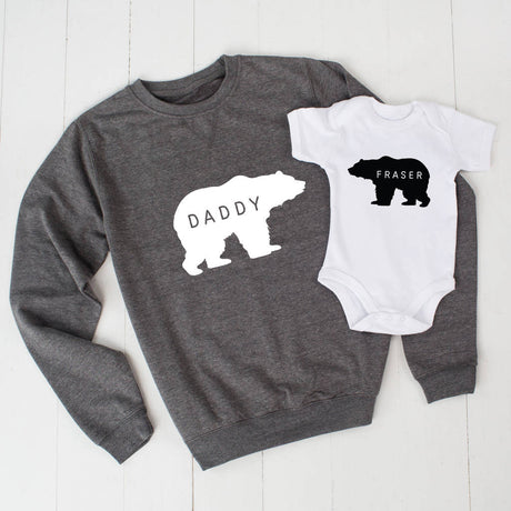 Grey Personalised Daddy Bear Jumper And Baby Grow Set